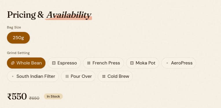 Pricing and availability for a coffee — bag size, grind setting for each brew method, current price, and stock status.