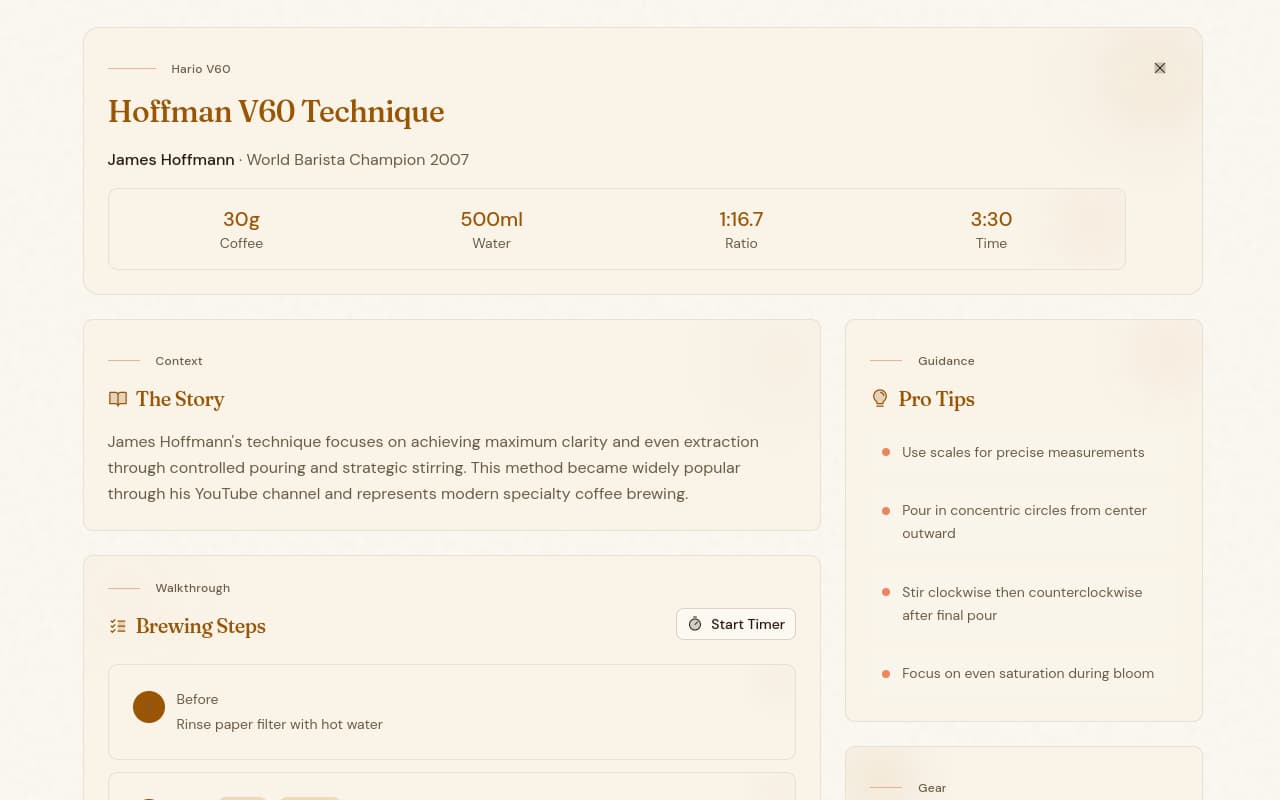 The Expert Recipes library, showing championship brew recipes with filters by method and expert.