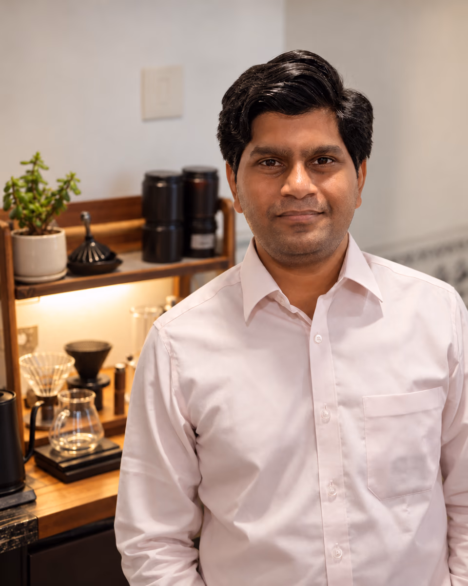 Thrilok Abhishek, founder of IndianCoffeeBeans, brewing coffee